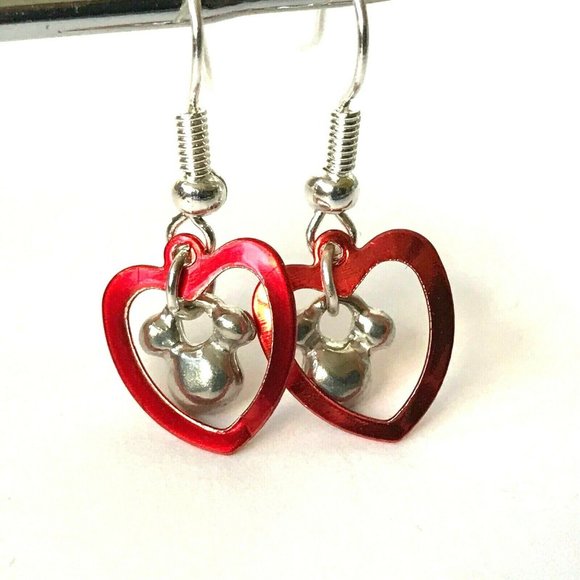 Disney Parks Mickey Mouse Icon Ears Earrings Red Heart Disneyana Silver Plated - Picture 6 of 8